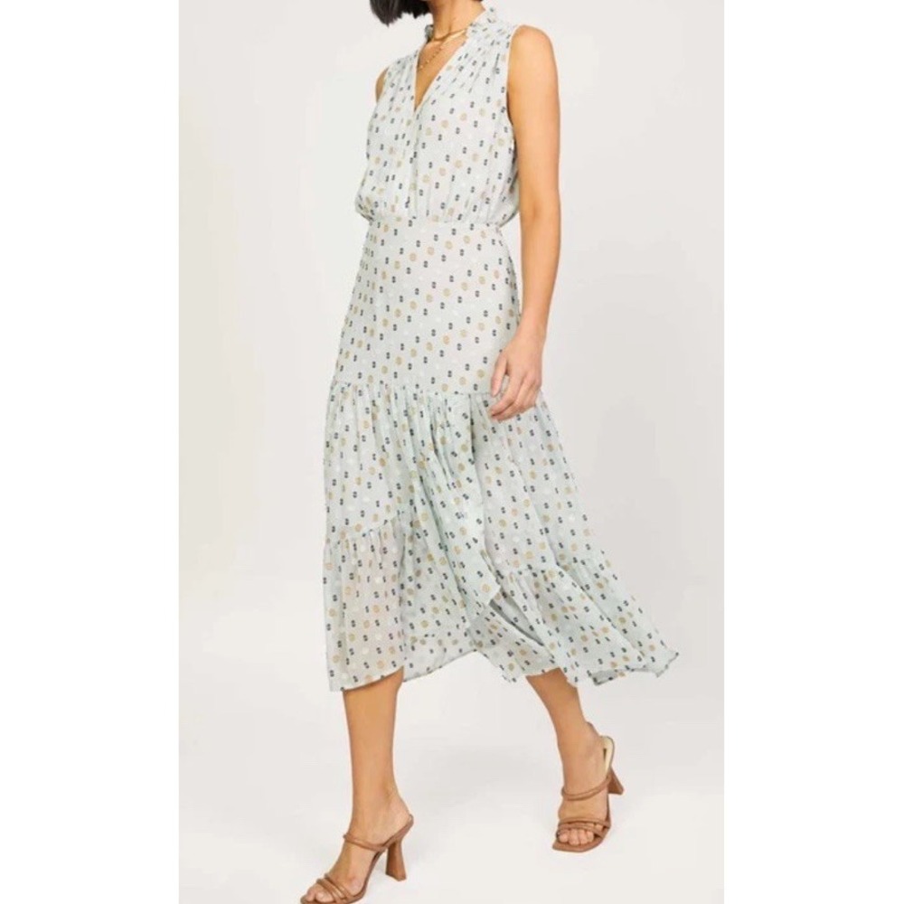 Anthropologie Current Air Ruffle Bottom Semi-Sheer Polka Dot MIDI Dress Size L